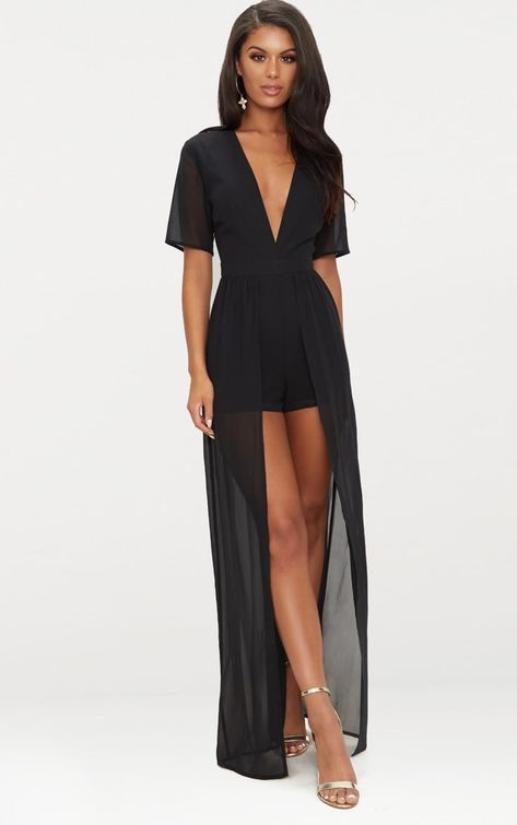 Black Maxi Overlay Playsuit. Shop the range of jumpsuits & playsuits today at PrettyLittleThing. Express delivery available. Order now Black Overlay, Romper Black, Denim And Lace, Playsuit Romper, Black Women Fashion, Black Maxi, Romper With Skirt, Black Romper, Rompers Women