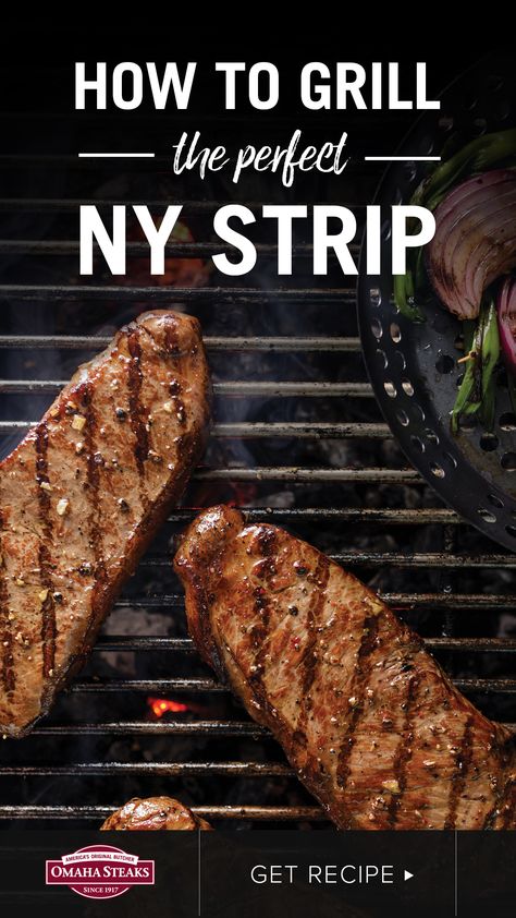 Learn how to grill the perfect New York strip steak on your gas or charcoal grill in just five simple steps with a simple dry brine. Includes easy-to-use steak cooking chart to cook your steak to your desired doneness for a juicy, tender New York strip steak every time. Try our recipe for grilled brown butter balsamic onions for a perfect complement to your steak dinner. Get the recipe and steak grilling guide now. Cook New York Strip Steak, Steak On Grill, Steak On Gas Grill, New York Steak Recipe, Ny Strip Steak Recipes, Steak Cooking Chart, Steak Cooking Times, Best Grilled Steak, Ny Steak