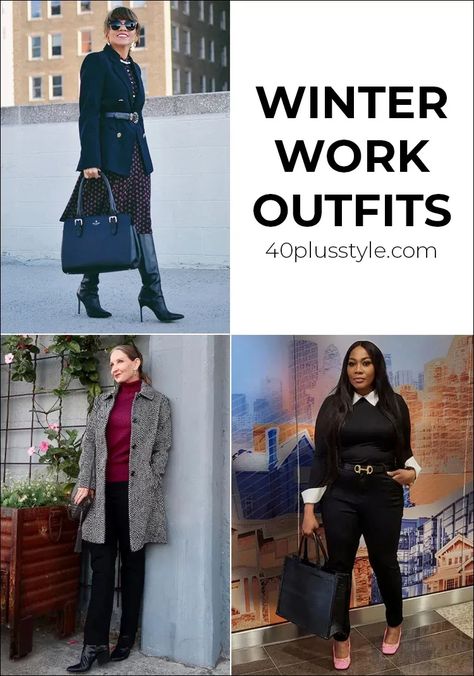 Classy professional winter work outfits to keep you looking great in cool weather | 40plusstyle.com Winter Work Attire Office Wear, Womens Business Outfits Winter, Winter 2023 Office Fashion Trends Women, Banker Outfits Women Winter, London Work Outfit Winter, Winter Business Casual Outfits For Women Over 40, Monday Winter Outfit For Work, Winter Outfit Work Office, Business Casual Interview Outfit Woman Winter