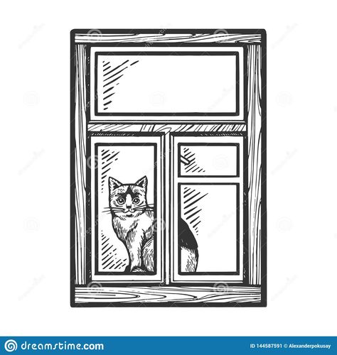 Illustration about Domestic cat looking out window sketch engraving vector illustration. Scratch board style imitation. Black and white hand drawn image. Illustration of animal, vector, retro - 144587591 Vintage Window Drawing, Barcelona Drawing, Cat Looking Out Window, Coffee Merch, Window Sketch, Looking Out Window, Painted Window Art, Window Illustration, Window Crafts