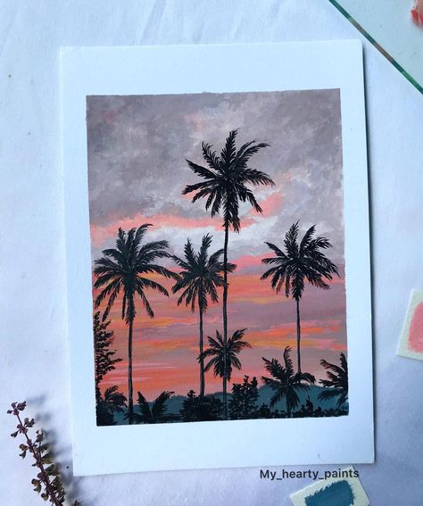 Acrylic Painting Palm Trees, Beginner Painting Ideas, Sunset And Palm Trees, Palm Tree Painting, Palm Trees Painting, Gouache Paint, Painting For Beginners, Textured Canvas Art, Paint Night