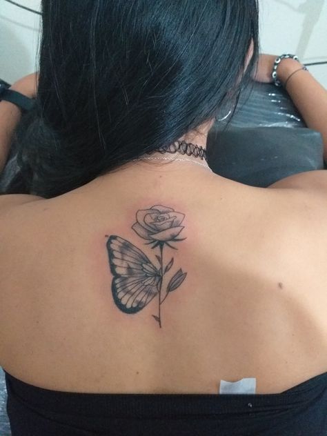 Rose And Butterfly Back Tattoo, Tattoo Rose Butterfly, Fine Line Rose And Butterfly Tattoo, Tattoo Rose And Butterfly, Rose Remembrance Tattoo, Small Rose And Butterfly Tattoo, Roses With Butterfly Tattoo, Butterfly Tattoo With Roses, Butterfly And Rose Tattoo For Women