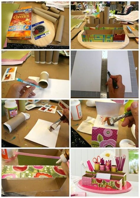 Use Mod Podge, old cereal boxes, and toilet paper rolls to create a DIY unique desk organizer. This recycled craft is perfect if you're on a budget. Diy Desk Organization, Unique Desk Organizer, Diy Desk Organizer, Cereal Box Craft, Recycle Crafts Diy, Boxes Diy, Desk Organization Diy, Cereal Boxes, Toilet Paper Rolls