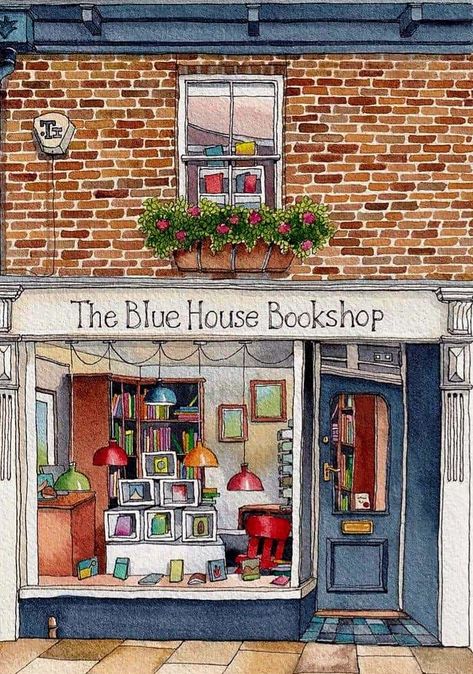 Watercolour Shop Painting, Building Illustration Watercolor, Art Shop Illustration, Bookstore Watercolor Painting, Pen And Watercolor Architecture, Watercolor Storefronts, Building Illustration Sketch, Watercolor Art House, Building Watercolor Painting