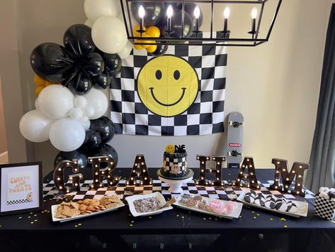 Smiley Face Lightning Bolt Cake, Smiley Face Third Birthday, Rad Party Theme, Checkered Party Ideas, Smiley Face Birthday Party Food, One Cool Dude First Birthday Party Cake, One Happy Dude First Birthday Food Ideas, Smiley Face Checkered Birthday Party, One Cool Dude First Birthday Party Decor