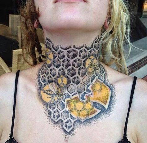 The bee hive Honeycomb Neck Tattoo, Tattoo Honeycomb, Wu Tang Tattoo, Wonder Woman Tattoo, Honeycomb Tattoo, Throat Tattoo, Neck Tattoos Women, Sick Tattoo, Neck Tattoo For Guys