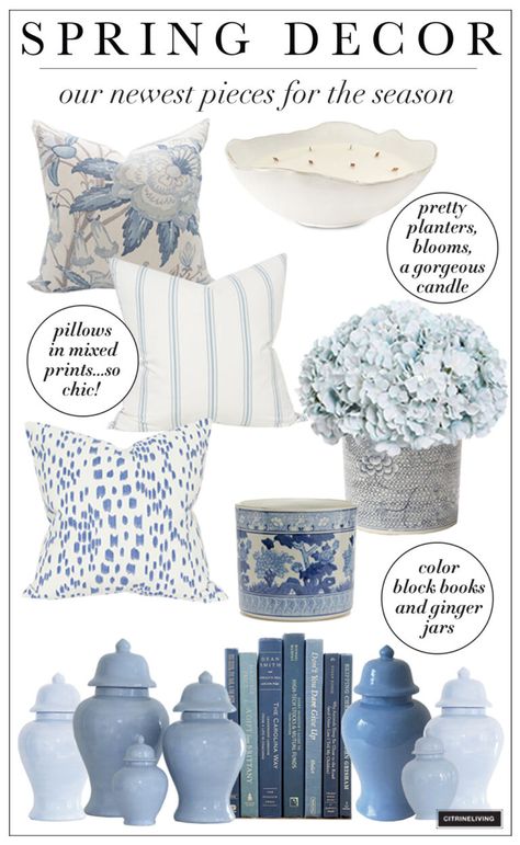 SPRING DECOR INSPIRATION: PILLOWS, PLANTERS, FLORALS MORE! Coastal Luxe Interiors, Hallway Makeover, Blue And White Living Room, Summer Living Room, Nancy Meyers, Blue And White Fabric, Spring Decorating, Seaside Cottage, Spring Ideas