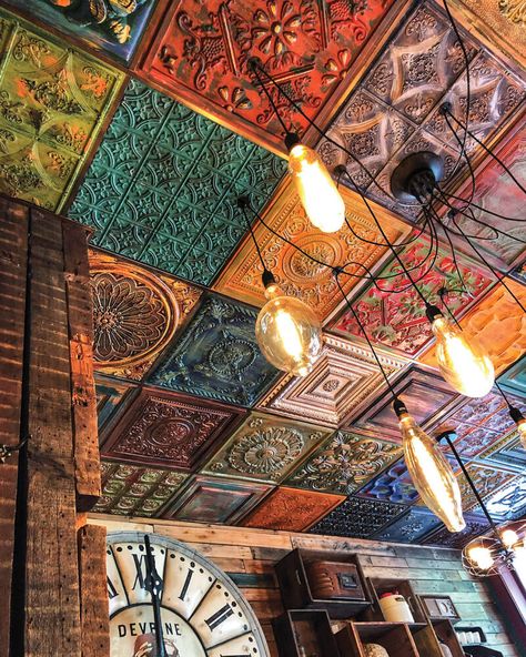 ornate vintage ceiling tiles of mismatched patterns, painted various colors of Chalk Paint for a patchwork quilt effect Tin Tile Ceiling, Ceiling Light Ideas, Vintage Tin Tiles, Antique Ceiling Tile, Tile Ceiling, Light Fixtures Ceiling, Flower Magazine, Fabric Ceiling, Ceiling Painting