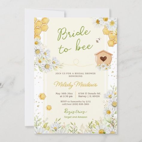 $2.80 | Bride to Bee Honey Bumblebee Yellow Bridal Shower #gender neutral invites, light yellow black white green, queen bee invitations, cheerful happy party theme, floral garden spring baby sprinkle, mommy to bee invite, new future mom mother design, sweet honey honeycomb evite, outdoors backyard brunch lunch luncheon, honeybee bumblebee buzz hive honeycomb Yellow Bridal Shower Invitations, Yellow Baby Shower Invitations, Bride To Bee, Daisy Invitations, Unique Baby Shower Themes, Bee Baby Shower Invitations, Baby Shower Deco, Baby Shower Yellow, Bee Baby Shower Theme