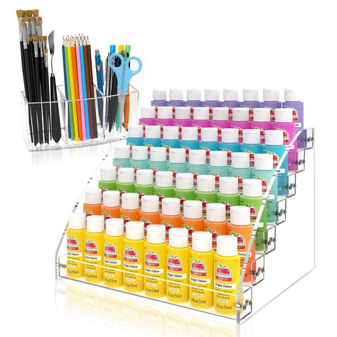 PRICES MAY VARY. 【Large Capacity - 7 Tiers】The craft paint storage organizer's staircase design is an instant space saver for your paint bottles & tubes. 7 layers of super large storage space, instantly get needed space. 【Organized Your Brushes】The 3 compartments paint brush organizer compartments makes the ideal paintbrush storage. 3 individual compartments make searching & finding that specific paint color or paint brush fast & easy. 【Premium Acrylic】Made of high quality and sturdy acrylic. Tr Acrylic Paint Bottles, Craft Paint Storage, Paint Brush Holder, Paint Rack, Paint Organization, Brush Organizer, Paint Brush Holders, Layer Paint, Paint Storage