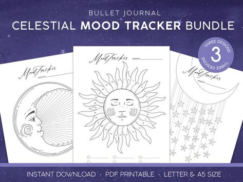 Three printable mood tracker sheets in a celestial theme. Featuring beautiful sun, moon, and star illustrations with spaces to color in your daily moods. Celestial Mood Tracker, Sun Mood Tracker, Moon Mood Tracker, Moon Stars Illustration, Mood Tracker Printable, Stars Illustration, Arty Ideas, Magical Moon, Habit Tracker Bullet Journal