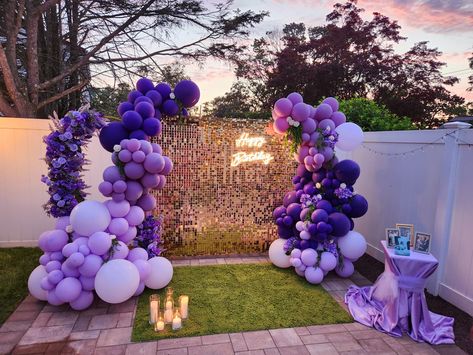 Sequins wall Shimmer wall Gold shimmer wall Purple and lilac balloon garland Purple And Yellow Balloon Arch, Lilac And Gold Party Decorations, Purple And Gold Backdrop, Gold Shimmer Wall, Sweet Sixteen Themes, Lilac Balloons, 21st Decorations, Yellow Birthday Parties, 80th Birthday Party Decorations