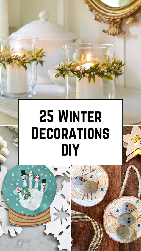 A charming collage showcasing cozy winter decoration ideas, including candle wreaths, snowman crafts, and rustic wood ornaments. Perfect for adding a handmade touch to seasonal decor. Diy Winter Garland Ideas, Diy January Decor, January Craft Ideas For Adults, Winter Diy Crafts For Adults, Snow Decorations Diy, Winter Decor Ideas For The Home Diy, Winter Home Decor Ideas, Winter Crafts For Adults Diy, Winter Projects For Adults