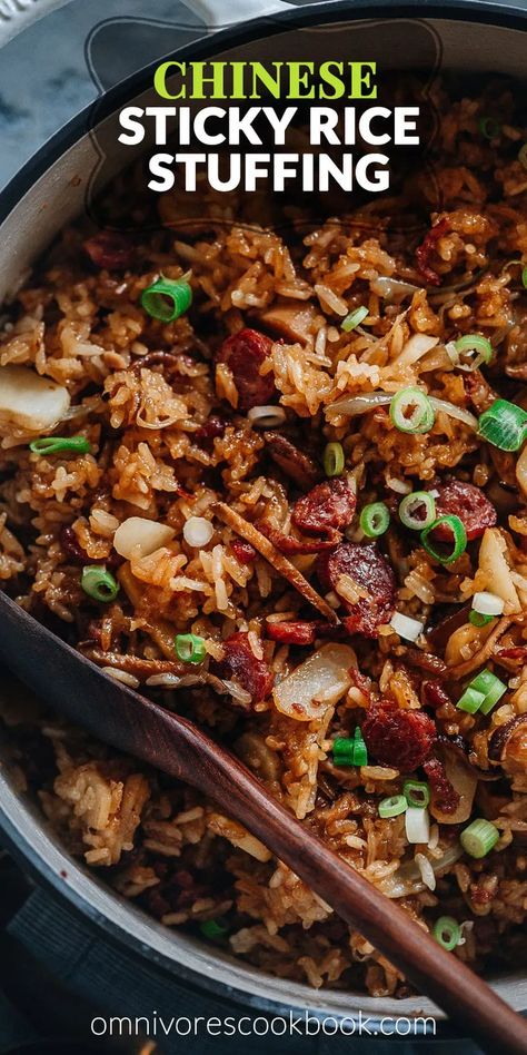 Sticky Rice Stuffing (A Chinese-Inspired Thanksgiving Recipe) | Omnivore's Cookbook Chinese Sausage Recipes Dinners, Chinese Sticky Rice Recipe, Chinese Sausage Recipes, Omnivores Cookbook, Sticky Rice Stuffing, Rice Stuffing Recipes, Chinese Sticky Rice, Rice Stuffing, Raw Texture