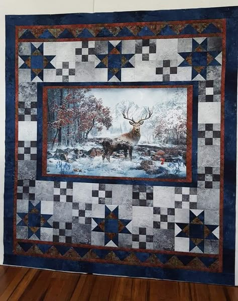 Wolf Panel Quilts Ideas Layout, Northcott Panel Quilts, Horizontal Panel Quilt Patterns, Panel Quilts Ideas Layout Large Prints, Quilt Panel Ideas Layout, Quilts Using Panels, Quilt Panel Border Ideas, Horse Quilts, Moose Quilt