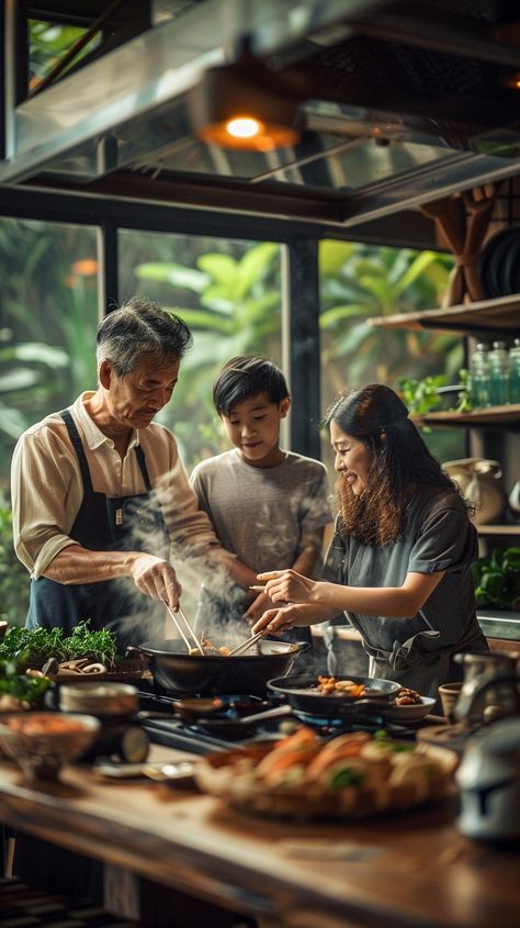 Family Cooking Together: A family enjoys a bonding experience as they cook a meal together in a cozy kitchen. #family #cooking #kitchen #bonding #meal #aiart #aiphoto #stockcake ⬇️ Download and 📝 Prompt 👉 https://ayr.app/l/xwrh People Cooking Photography, Family Meal Photography, Aesthetic Cooking Photos, People In Kitchen, Soup Branding, Cooking Together Aesthetic, Family Eating Together, Family Cooking Together, Cooking Reference