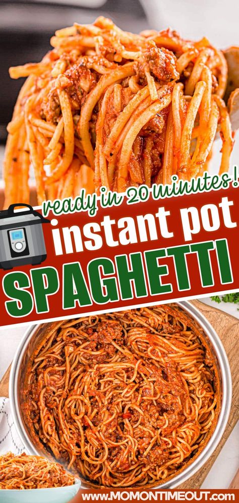 This Instant Pot Spaghetti is a no-fuss, mouthwatering dinner that is ready in just 20 minutes! This delicious, one pot recipe combines ground beef (or use Italian sausage if you prefer), onion, garlic and a scrumptious sauce all cooked to perfection with your favorite spaghetti. Perfect for busy weeknights when you need a delicious, filling, family-friendly meal, fast! // Mom On Timeout Pressure Cooker Spaghetti, Instant Pot Spaghetti Recipe, Spaghetti With Meat, Instapot Meals, Instant Pot Spaghetti, Ip Recipes, Pot Lasagna, Spaghetti Recipe, Pasta Night