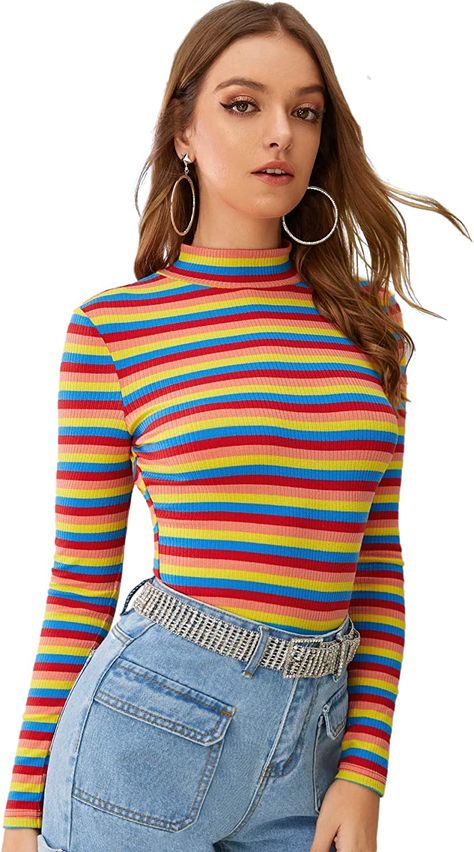 Mock Turtleneck Long Sleeve rainbow 1970 retro kitsch vintage Striped Long Sleeve Shirt Outfit, Long Sleeve Shirt Outfits, Jersey Boys, Shirt Tunic Top, Pretty Shorts, Turtleneck Shirt, Turtleneck Long Sleeve, High Neck Long Sleeve, Long Sleeve Turtleneck