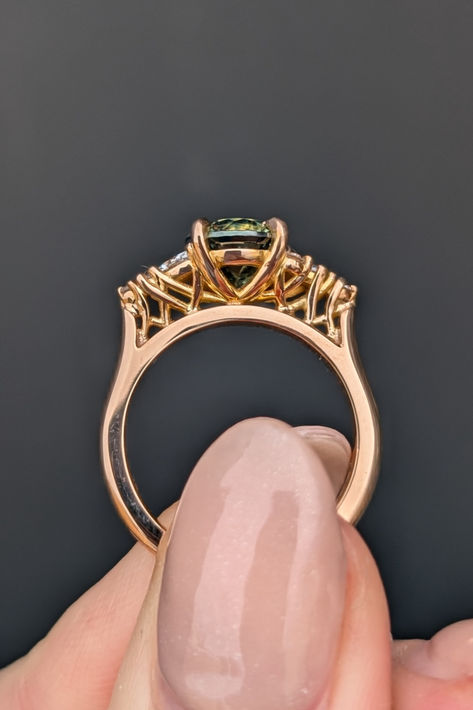 Side view of bespoke asymmetrical cluster style with a round centre stone, high set trellis setting in rose gold. 

#engagementring #ring #sapphirering Rings Sapphire, Nature Engagement Ring, Rings Engagement, Side Profile, Profile Design, Designs Ideas, Ring Engagement, Engagement Rings Sapphire, Side View