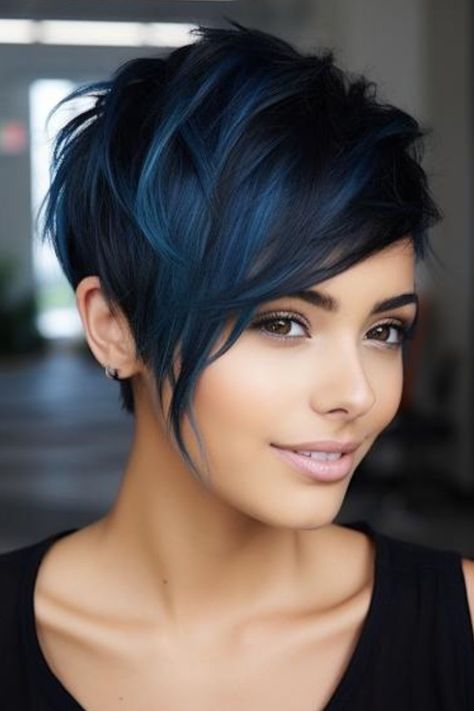 Edgy Hair Pixie, Pixie Hairstyles Black Hair, Black Pixie With Highlights, Red And Black Pixie Cut, Pixie Hairstyles Color Ideas, Short Hair Fashion Color, Pixie Haircut Plus Size, Blue Black Hair Color Short, Short Asymmetrical Haircut Fine Hair