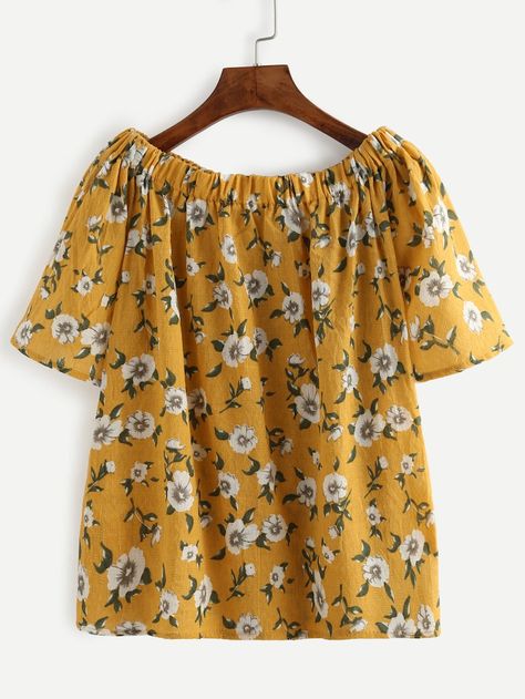 Calico Print Top | SHEIN Yellow Flower Print, Yellow Floral Top, Womens Printed Tops, Flower Print Shirt, Flower Print Top, Flower Print Blouse, Off The Shoulder Blouse, Yellow Blouse, Shoulder Tops