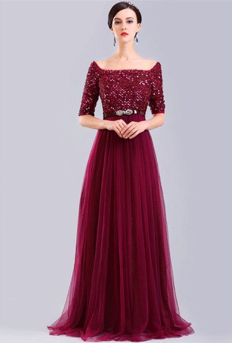 Burgundy Sparkly Evening Dress With Sleeves Boat Neck Long Formal Gown Boat Neck Gown, Sparkly Evening Dress, Vestidos Color Vino, Evening Dress With Sleeves, Recital Dress, Dresses Floor Length, Cocktail Dresses With Sleeves, Lace Prom Dresses, Evening Gowns With Sleeves