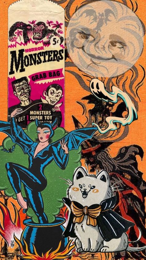 Vintage Halloween Retro Halloween Ads, Vintage Halloween Advertisements, Diy Vintage Halloween, Halloween Magazine Layout, 60s Halloween, Kitschy Halloween, Halloween Magazine, Mid Century Halloween Illustrations, 70s Halloween