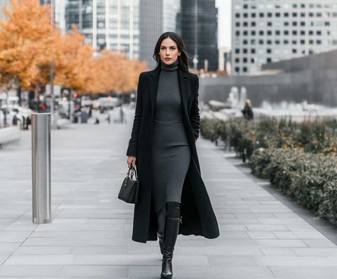 6+ Fall Outfit Ideas Featuring Long Coats and Turtleneck Dresses • 333+ Inspiring Lifestyle Ideas Strap Dress With Turtleneck, How To Style Turtle Neck Dress, Black Turtleneck Dress Outfit Classy, Dress And Turtleneck Outfit, Chic Black Dress Outfit, Black Turtleneck Dress Outfit, Turtleneck Dress Outfit, Turtle Neck Dress Outfit, Chic Fall Outfit