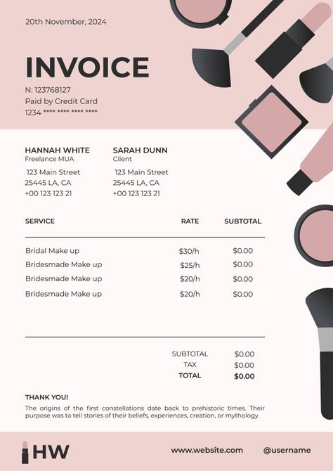 Freelance Makeup Artist Business, Invoice Design Template, Invoice Design, Freelance Makeup Artist, Makeup Artist Business, Brand Kit, Invoice Template, Make Up Artist, Beauty Business