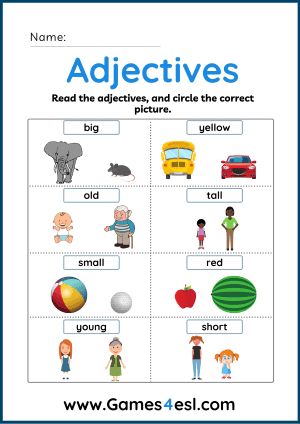 Free Adjective Worksheets | Games4esl Hijaiyah Worksheet, Adjectives Activity, Adjectives For Kids, Adjectives Exercises, Teaching Adjectives, Ingles Kids, Adjectives Activities, English Adjectives, Adjective Worksheet