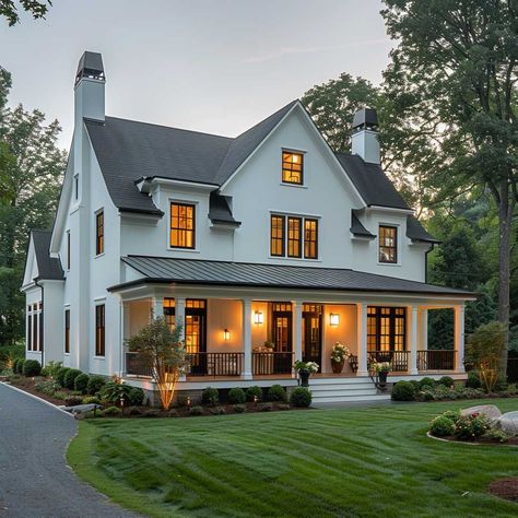 15+ Stunning Black and White Farmhouse Exterior Inspirations • 333+ Art Images Small White House With Black Trim, White Home Black Shutters, Black And White Colonial House, White Farmhouse Black Trim, White And Black Houses, Modern White Farmhouse Exterior, Black And White Farmhouse Exterior, Black And White Exterior House, White House With Black Trim