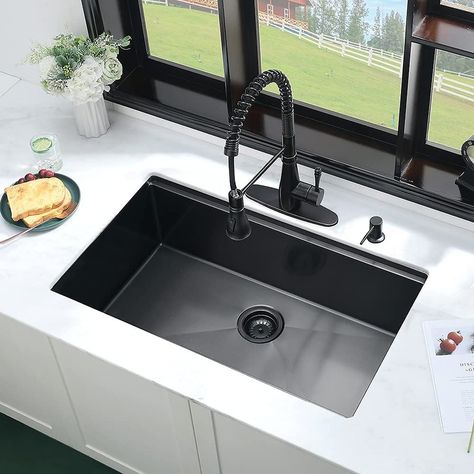 It is   combined with modern product design to maximize the available workspace and   provide more space for you to wash dishes.It is handcrafted from premium 18   Gauge stainless steel thickness for maximum durability, with excellent   corrosion and… Under Mount Sink Kitchen, Black Sink And Faucet, Black Stainless Steel Kitchen, Workstation Sink, Modern Kitchen Sinks, Black Kitchen Sink, Kitchen Sink Design, Apron Sink Kitchen, Black Sink