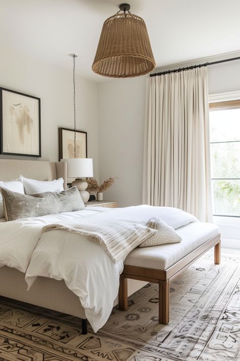 Cozy bedroom with a beige bed, white bedding, and a woven hanging lamp. Tan And White Bedding Ideas, Zen Neutral Bedroom, Neutral Bohemian Bedroom, Bedrooms With Carpet Ideas, Calm Master Bedrooms Cozy, White And Neutral Bedroom, Calm Neutral Bedroom, Light Bedroom Aesthetic, Chic Neutral Bedroom