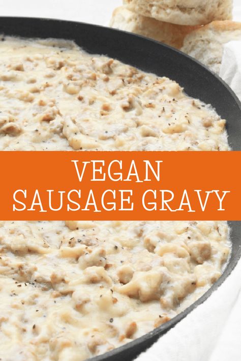 Vegan Sausage Gravy ~ Southern-style sausage gravy made with all plant-based ingredients! Ready to serve in minutes! via @thiswifecooks Vegan Sausage Gravy, White Country Gravy, Vegan Sausage Recipe, Vegan Biscuits And Gravy, Country Gravy Recipe, Dairy Free Thanksgiving, Sausage Gravy Recipe, Vegetarian Sausages, Vegetarian Casserole