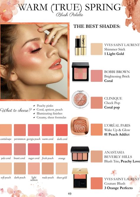 Spring Skin Tone Makeup, Hot Spring Color Palette, Makeup For True Spring, Warm Spring Color Palette Clothes, Clear Spring Lipstick, Warm True Spring Color Palette, True Spring Hair Color Palette, Warm Spring Eyeshadow, Makeup For Spring Skin Tone