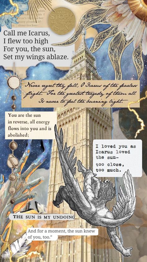 #quotes #art #vintage #icarus #mythology #books #sun #nature Icarus Quotes, Icarus Mythology, Icarus Aesthetic, Icarus Art, Apollo Aesthetic, Mythology Books, Greek And Roman Mythology, Sun Nature, Ao Haru Ride