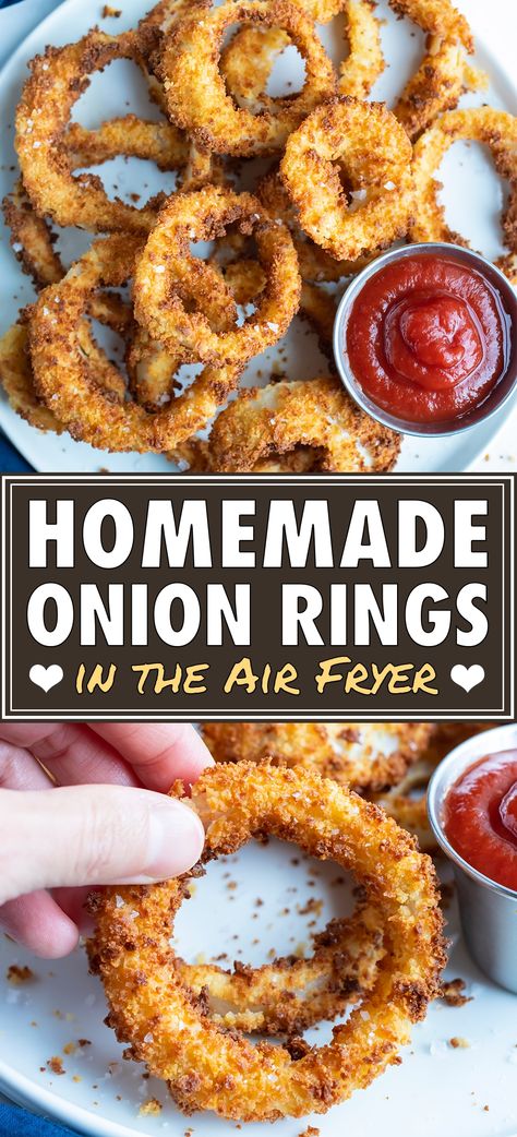 Air Fryer Onion Rings are super crispy and crunchy, easy-to-make, and so much healthier for you than deep-fried!  Use a 3-bowl technique to coat your sliced onions with flour, an egg wash, and breadcrumbs.  You'll then cook them in the Air Fryer until golden brown and ultra crispy.  They make a great game day snack or weeknight dinner appetizer or side dish! #airfryer #onionrings #appetizer Air Fryer Onion Rings Recipe, Onion Rings Air Fryer, Air Fryer Onion Rings, Onion Rings Recipe, Air Fryer Ideas, Air Fried Food, Air Fryer Oven Recipes, Air Fry Recipes, Air Fryer Dinner