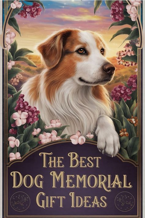 A serene illustration of a dog surrounded by flowers with the text: "The Best Dog Memorial Gift Ideas". Pet Remembrance Gifts, Gifts For Someone Who Lost A Pet, Dog Memory Ideas, Gifts For Loss Of Pet, Pet Memorial Diy, Pet Loss Gift Ideas, Loss Gift Ideas, The Loss Of A Dog, Dog Passing