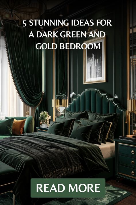 5 elegant dark green and gold bedroom decor ideas. Green And Gold Master Bedrooms Decor, Dark Green And Gold Bedroom Ideas, Green Bed Ideas, Dark Green Master Bedrooms Decor, Elegant Green Bedroom, Dark Green And Gold Bedroom, Gold Bedroom Decor Ideas, Green And Gold Bedroom Ideas, Styling A Bedroom