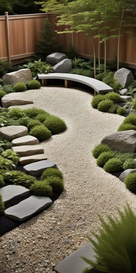 Japanese Gravel Garden, Modern Zen Garden Backyard, Rock Courtyard, Garden Design With Stones, Zen Landscape Design, Stone Garden Ideas, Stone Garden Design, Japanese Rock Garden Ideas, Japanese Stone Garden