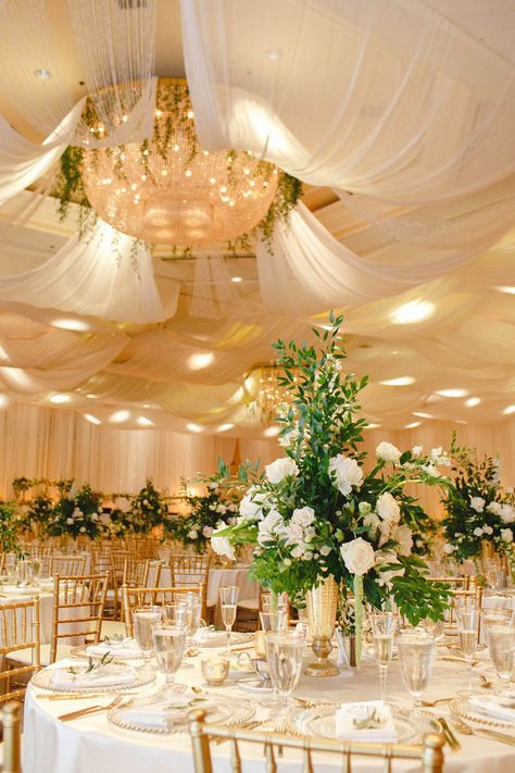 White and Greenery Ballroom Wedding Reception with Tall White Floral and Greenery Centerpiece in Gold Vase with Gold Chiavari Chairs | White Ceiling Draping by Tampa Bay Gabro Event Services | Tarpon Springs Wedding Venue Inverness Hall at Innisbrook Resort Wedding Reception Ballroom, White And Gold Wedding Themes, Wedding Ceiling Decorations, Ballroom Wedding Reception, Wedding Draping, Gold Chiavari Chairs, Wedding Ceiling, Ceiling Draping, Greenery Centerpiece