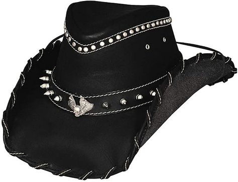 BULLHIDE IRON ROAD COWBOY HAT - This gorgeous genuine leather hat will be a great choice for topping off your brutal look; This hat is popular with bikers, rockers and Heavy Metal fans goth punk gothic western cowboy hat black leather hat spikes bat decal Goth Cowboy, Leather Cowboy Hats, Black Cowboy Hat, Black Cowboys, Outback Hat, Black Cowboy, Western Cowboy Hats, Leather Hat, Large Hats