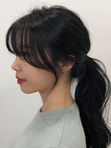 Korean curtain bangs with low ponytail Black Hair Bangs, Korean Bangs, Tan Skin Blonde Hair, Bangs Ponytail, Hair Inspiration Long, How To Cut Bangs, Hair Patterns, Bangs With Medium Hair, Hair Stylies