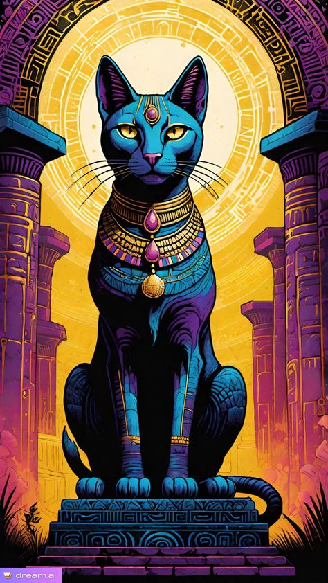 Egyptian Cat Illustration, Bastet Goddess Drawing, Egyptian Cat Art, Egyptian Design Pattern, Cat Egyptian, Egyptian Crafts, Goddess Of Egypt, Egypt Cat, Egyptian Goddess Art