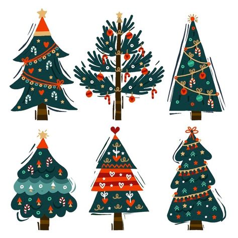 Hand drawn christmas tree collection | Free Vector #Freepik #freevector #christmas #merry-christmas #hand #hand-drawn 2d Christmas Tree, Drawn Christmas Tree, Flat Christmas Tree, Realistic Christmas Trees, Sticker Svg, Christmas Tree Drawing, Christmas Card Pictures, Hand Drawn Christmas, Christmas Tree Collection