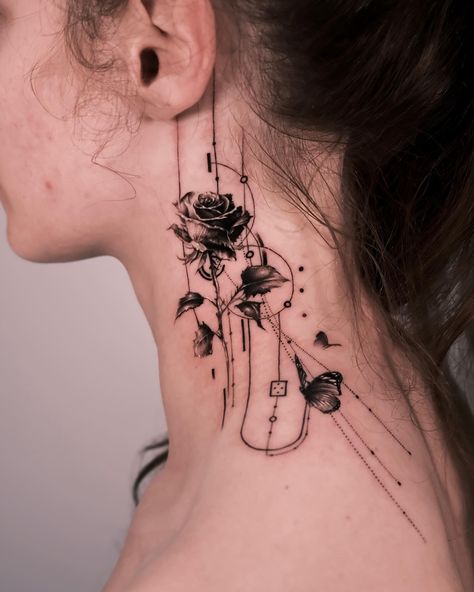 🌹✨ Embracing my love for beauty and elegance with this gorgeous rose tattoo on my neck! 🌸💫 The delicate petals and intricate details represent love, passion, and grace. 🌿❤️ Let this tattoo be a reminder to always stay grounded and bloom wherever I go! 🌷🌟 credit @even_gmt.ink #RoseTattoo #NeckTattoo #TattooedBeauty #InkedFlower #LoveAndGrace #TattooedElegance #BeautyInDetail #BloomingForever #InkInspiration #StayGrounded #TattooGoals #FloralTattoo #InkedAndProud #TattooedLife #ExpressYourse... Dark Delicate Tattoo, Wilted Rose Tattoo, Rose Petal Tattoo, Delicate Tattoo, Rose Vines, Stay Grounded, Design Drawings, Tattoo Design Drawings, Rose Tattoo