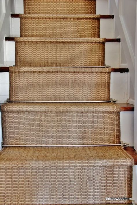 DIY:: Easy Inexpensive Option for a Rustic Stair Runner ! Looks Custom & High End! Yet She made it so cheap in SUCH a clever way! full tutorial by Thistlewood Farms Cheap Stair Runner Diy, Jute Stair Runner Staircases, Indoor Outdoor Stair Runner, Burlap Stair Runner, Jute Rug Stair Runner, Affordable Stair Runner, Cheap Stair Runner, Plywood Stairs Makeover, Jute Stair Runner