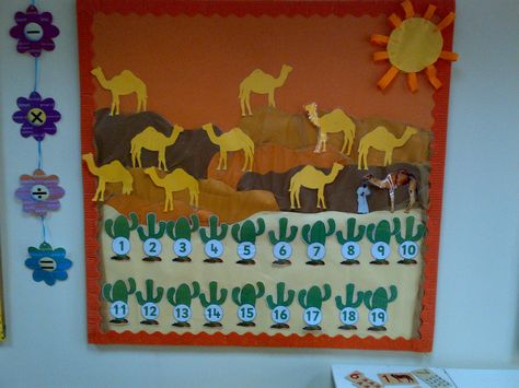 FS - desert themed numeracy display - cactus attached by velcro for interactivity. Numeracy Display, Theme Writing, Desert Theme, First Grade Art, Pin Boards, Numeracy, Classroom Displays, Year 1, Early Years