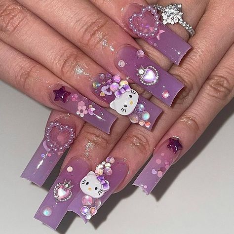 Nail Inspiration Aesthetic, Purple Nail Design, Sweet 16 Nails, Kitty Nails, Lilac Nails, Retro Nails, Nail Techniques, Ombre Nails Glitter, Purple Nail Designs