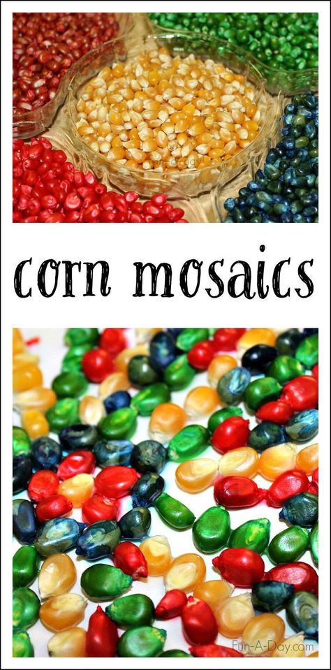 Colorful Corn Mosaics - use dyed corn kernels to create fall process art! Perfect for a harvest or farm theme, or even for some Thanksgiving art! Preschool Thanksgiving Art, Fall Process Art, Colorful Corn, Farm Vbs, Thanksgiving Art Projects, Thanksgiving Activities Preschool, Harvest Crafts, Preschool Thanksgiving, Farm Preschool